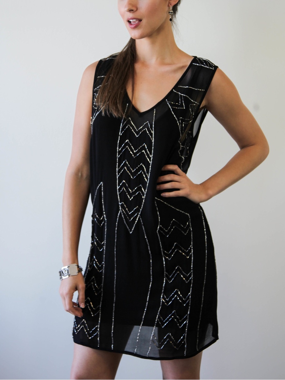 Chan Luu Black Mini Dress with Silver Beadwork